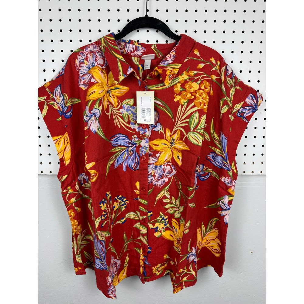 A New Day Womens Red Floral Linen Blend Short Sleeve Button Down Shirt 2X NWT